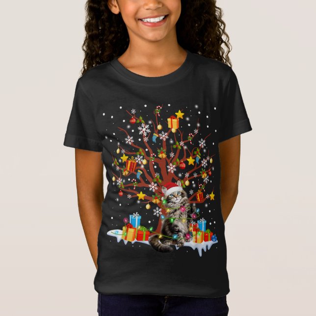Maine Coon Cat Julgran Ljus Ornament Deco T Shirt (Framsida)