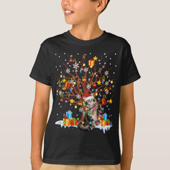 Maine Coon Cat Julgran Ljus Ornament Deco T Shirt (Framsida)