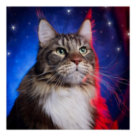 Maine Coon Cat med Rött vitt blått Aura och stjärn Perfect Poster