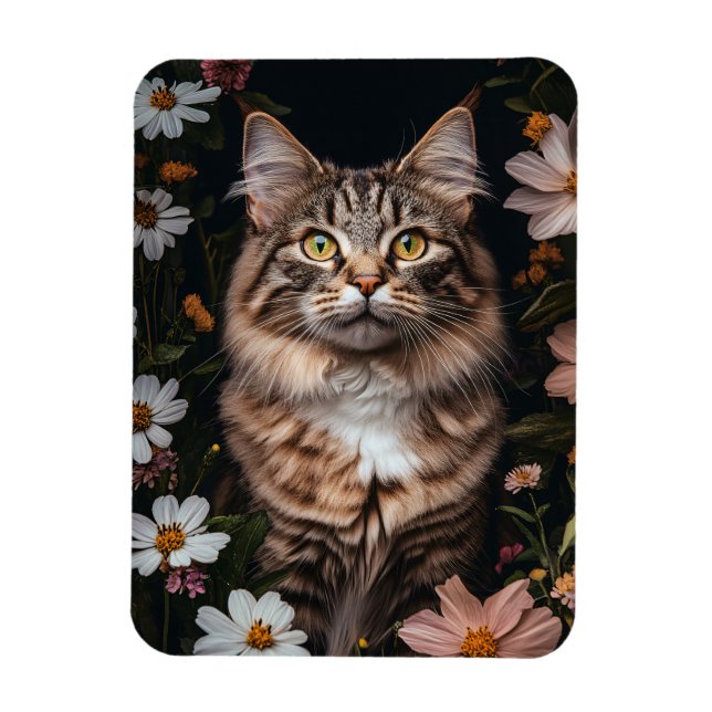 Maine Coon Cat, omgiven av Flowers Flexible Magnet (Vertikal)