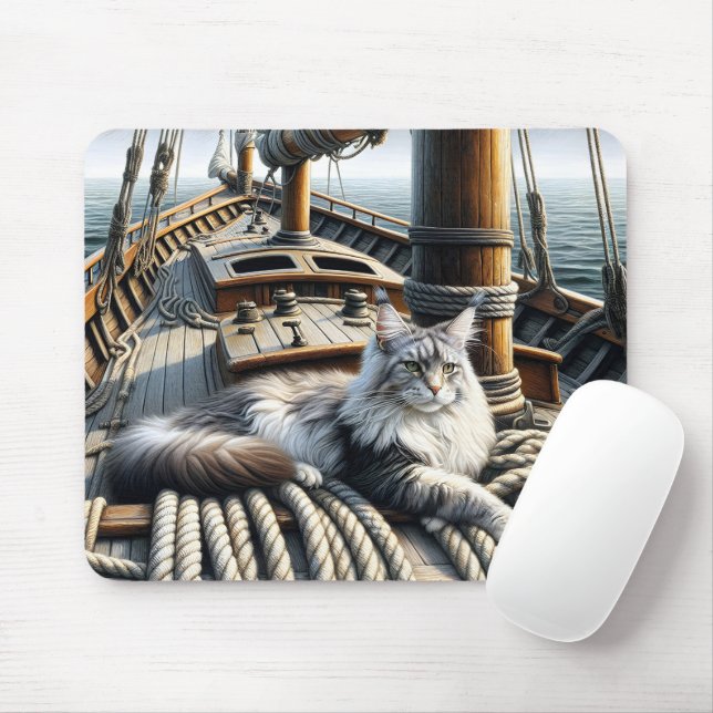 Maine Coon Cat på en Frakt Deck Musmatta (Med mus)