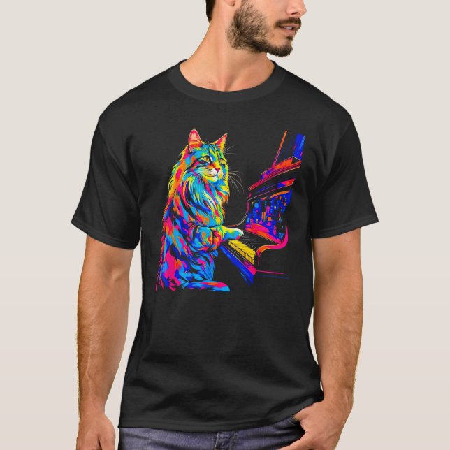 Maine Coon Cat Pianist T Shirt (Framsida)