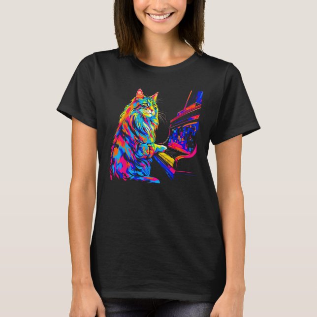 Maine Coon Cat Pianist T Shirt (Framsida)