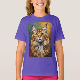 Maine Coon Cat Porträtt Vibrant Oljemålning T Shirt