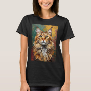 Maine Coon Cat Porträtt Vibrant Oljemålning T Shirt