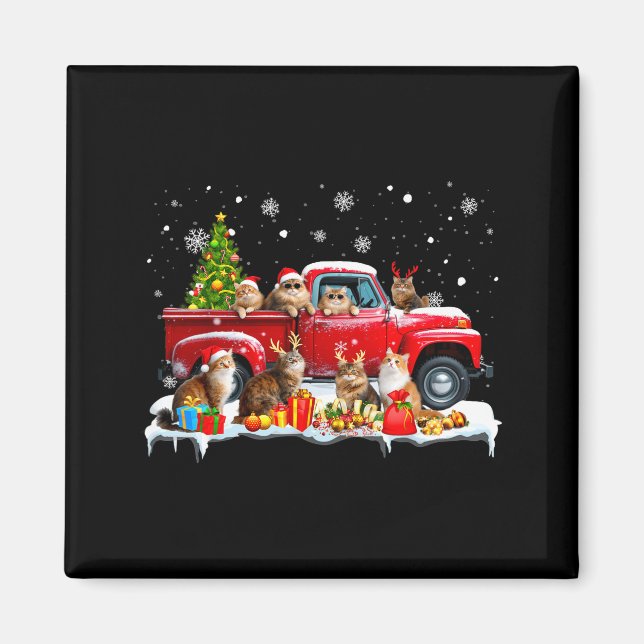 Maine Coon Cat Red Truck Christmas Tree Santa Ugly Magnet (Framsidan)