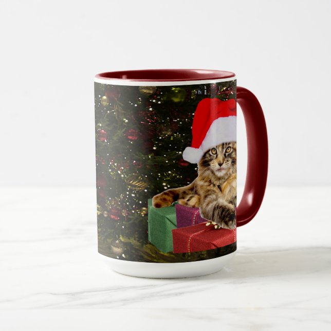 Maine Coon Cat Santa & Gifts Julgran bakom Mugg (Framsida höger)