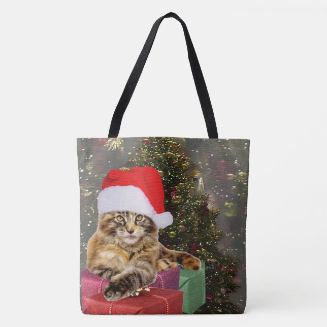 Maine Coon Cat Santa & Gifts Julgran bakom Tygkasse (Framsida)
