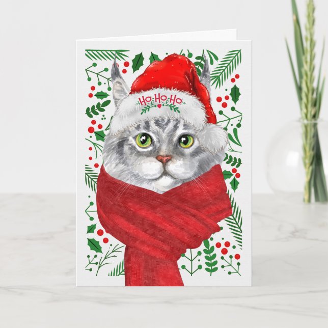 Maine Coon Cat Santa Hat Meowy Christmas Helgkort (Framsida)