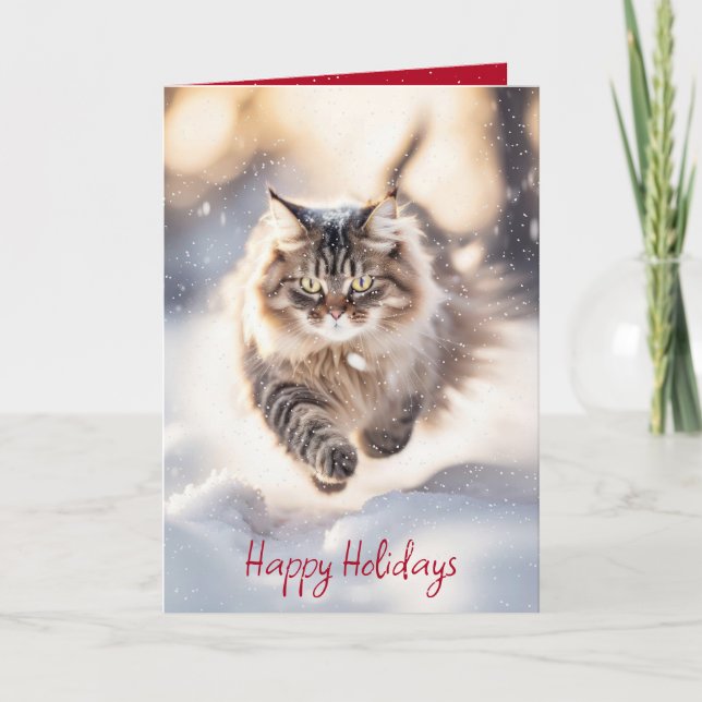 Maine Coon Cat som drunknar i Snö Helgkort (Framsida)