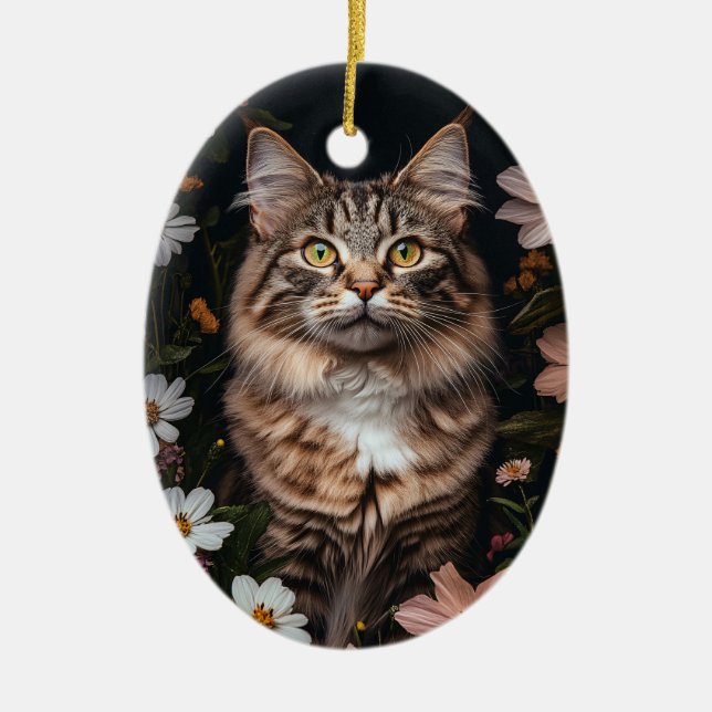 Maine Coon Cat Surroded by Flowers Julgransprydnad Keramik (Framsidan)