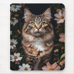 Maine Coon Cat Surroded by Flowers Musmatta