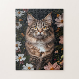 Maine Coon Cat Surroded by Flowers Pussel