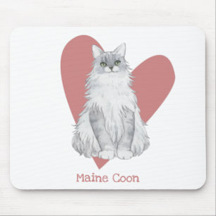 Maine Coon Cat Watercolor Kattunge Rosa Heart Musmatta