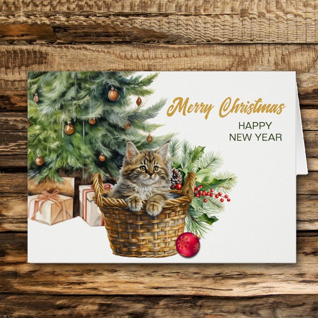 Maine Coon Cat Wicker Basket Julgran Hälsningskort (Skapare uppladdad)