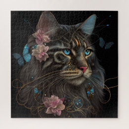 Maine Coon cat with butterfly and blomma AI art Pussel