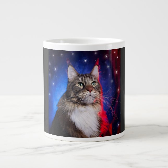 Maine Coon Cat With Red White Blue Aura And Stars Jumbo Mugg (Framsidan)