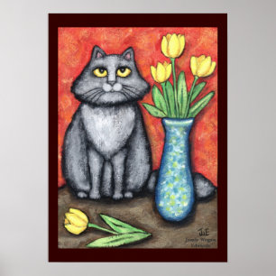 Maine Coon Cat with Tulips Art Print Poster