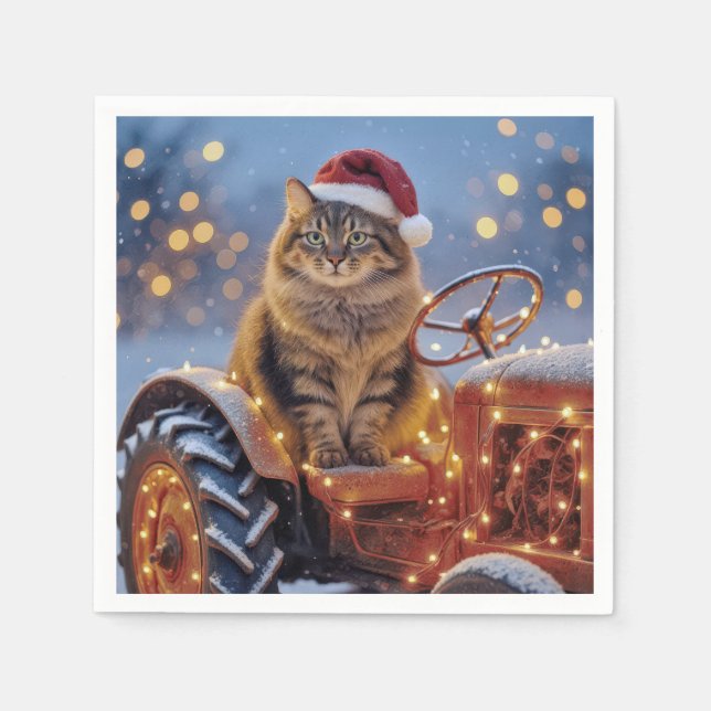 Maine Coon Christmas Cat On an Old Tractor Pappersservett (Framsidan)