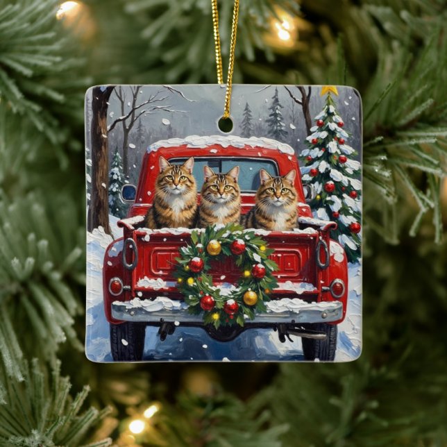 Maine Coon Christmas Red Truck Holiday Julgransprydnad Keramik (Träd)