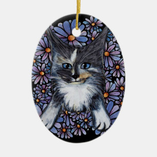 Maine Coon Dilute Calico Cat Lila Daisy Julgransprydnad Keramik
