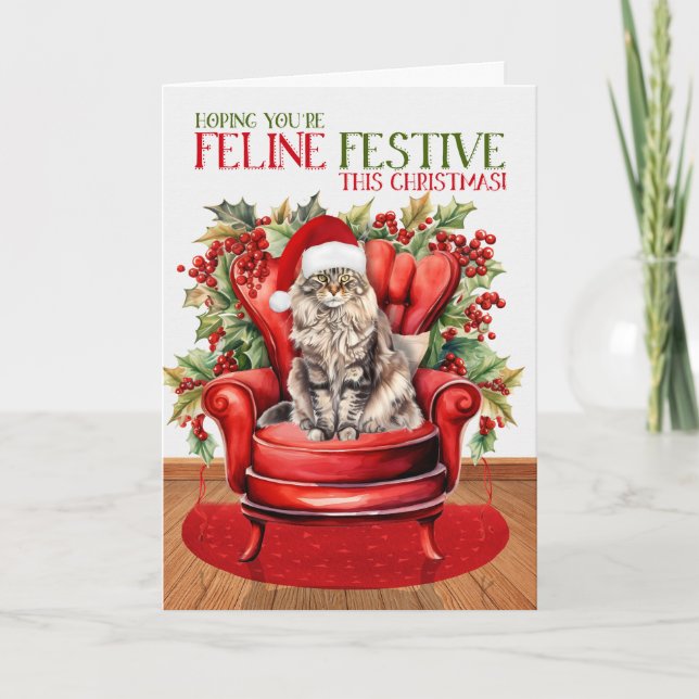 Maine Coon jul Cat KATTDJUR Festive Helgkort (Framsida)