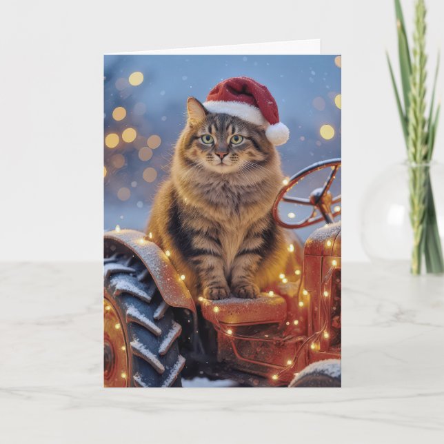 Maine Coon Julkatt På En Gammal Traktor Kort (Framsida)