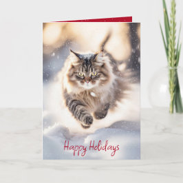 Maine Coon Katt Daskar Genom Snön Helgkort