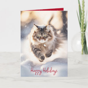 Maine Coon Katt Daskar Genom Snön Helgkort