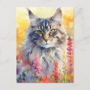 Maine Coon katt färgrik akvarell konst Vykort