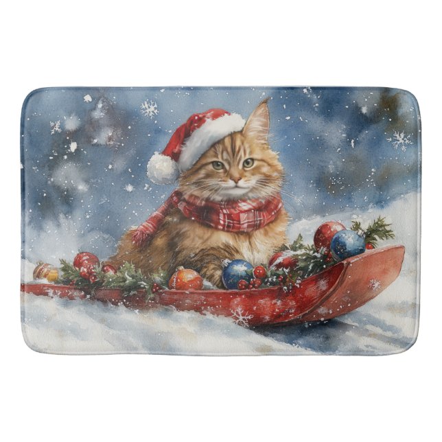 Maine Coon Katt i Släde Låt det Snöa Jul Badrumsmatta (Framsidan)