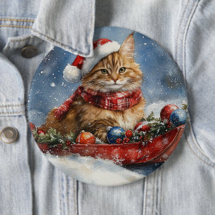 Maine Coon Katt i Släde Låt det Snöa Jul Knapp