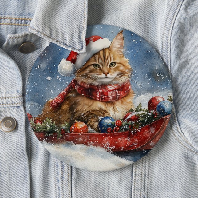 Maine Coon Katt i Släde Låt det Snöa Jul Knapp (In Situ)