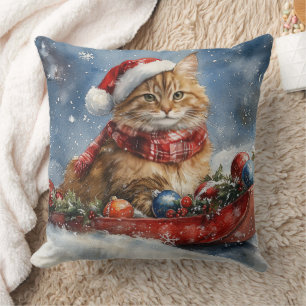Maine Coon Katt i Släde Låt det Snöa Jul Kudde