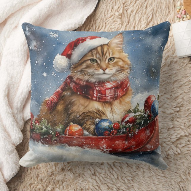 Maine Coon Katt i Släde Låt det Snöa Jul Kudde (Filt)