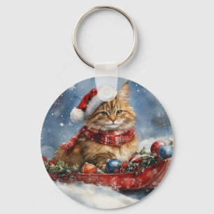 Maine Coon Katt i Släde Låt det Snöa Jul Nyckelring