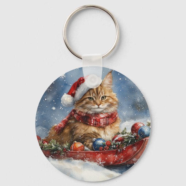 Maine Coon Katt i Släde Låt det Snöa Jul Nyckelring (Framsida)
