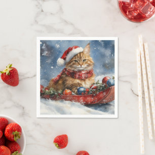 Maine Coon Katt i Släde Låt det Snöa Jul Pappersservett