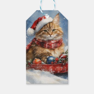 Maine Coon Katt i Släde Låt det Snöa Jul Presentetikett