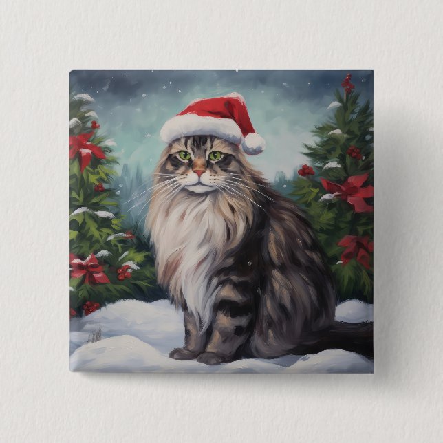 Maine Coon Katt i Snö Jul Knapp (Framsida)