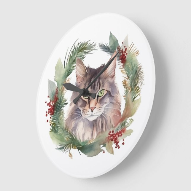 Maine Coon Katt Julkrans Festiv Liten Katt Stor Klocka (Vinkel)