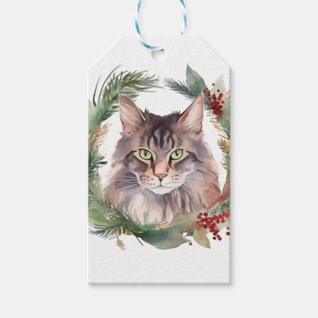 Maine Coon Katt Julkrans Festlig Kattunge Presentetikett (Framsidan)
