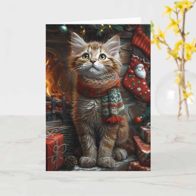 Maine Coon Katt Med Julpresenter Öppen Spis Kort (Gul blomma)