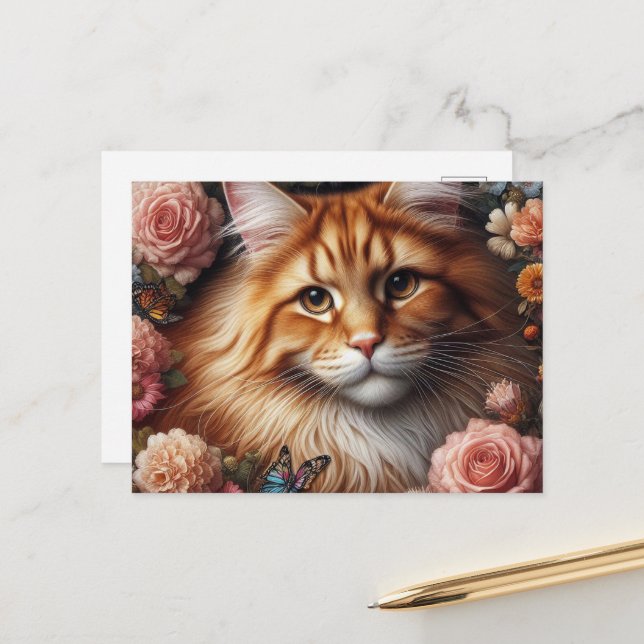 Maine Coon Katt med Rosa Blommor  Vykort (Fram/Back In Situ)