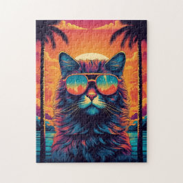 Maine Coon-katt med solglasögon på stranden Pussel