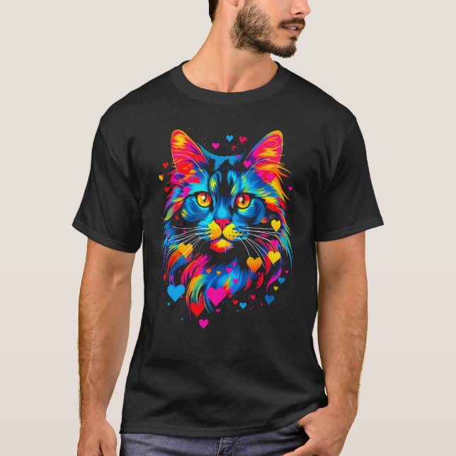 Maine Coon Katt Rosa Rött Hjärta T Shirt (Framsida)