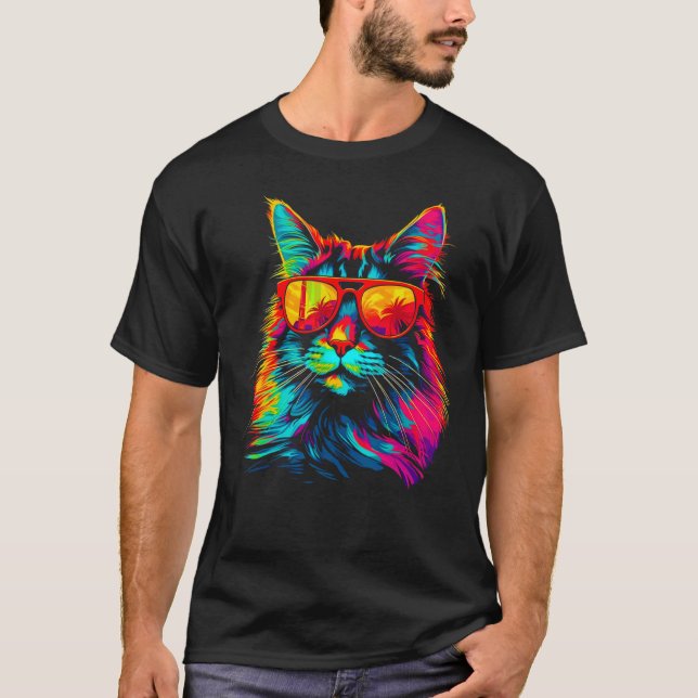 Maine Coon Katt Solglasögon T Shirt (Framsida)