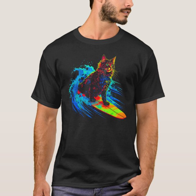Maine Coon Katt Surfing T Shirt (Framsida)