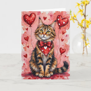 Maine Coon Katt Valentine Sittande med Hjärtan Röd Kort