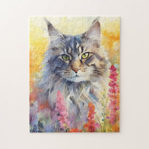 Maine Coon-kattfärgade vattenfärgade teckningar Pussel